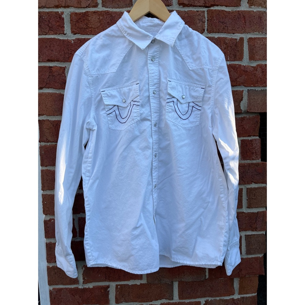 True Religion Mens White Western Pearl Snap Shirt Horseshoe Pockets B273309
